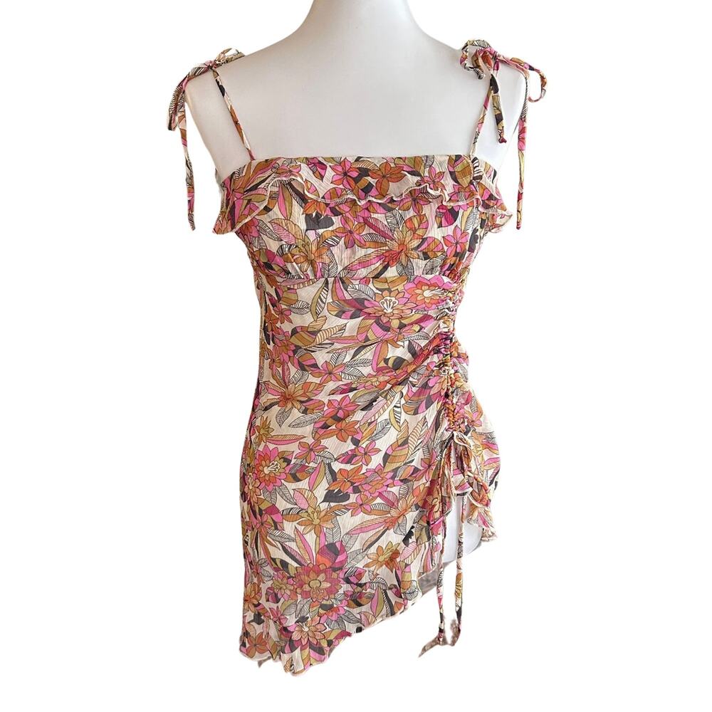 Y2K Silk Floral Ruched Top M | Vintage Ruffle Hem Tie Strap Blouse